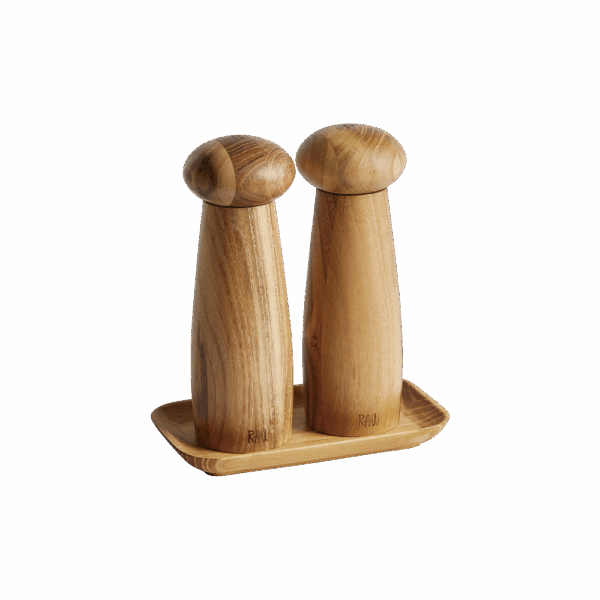 Raw kværnesæt med bakke i teaktræ