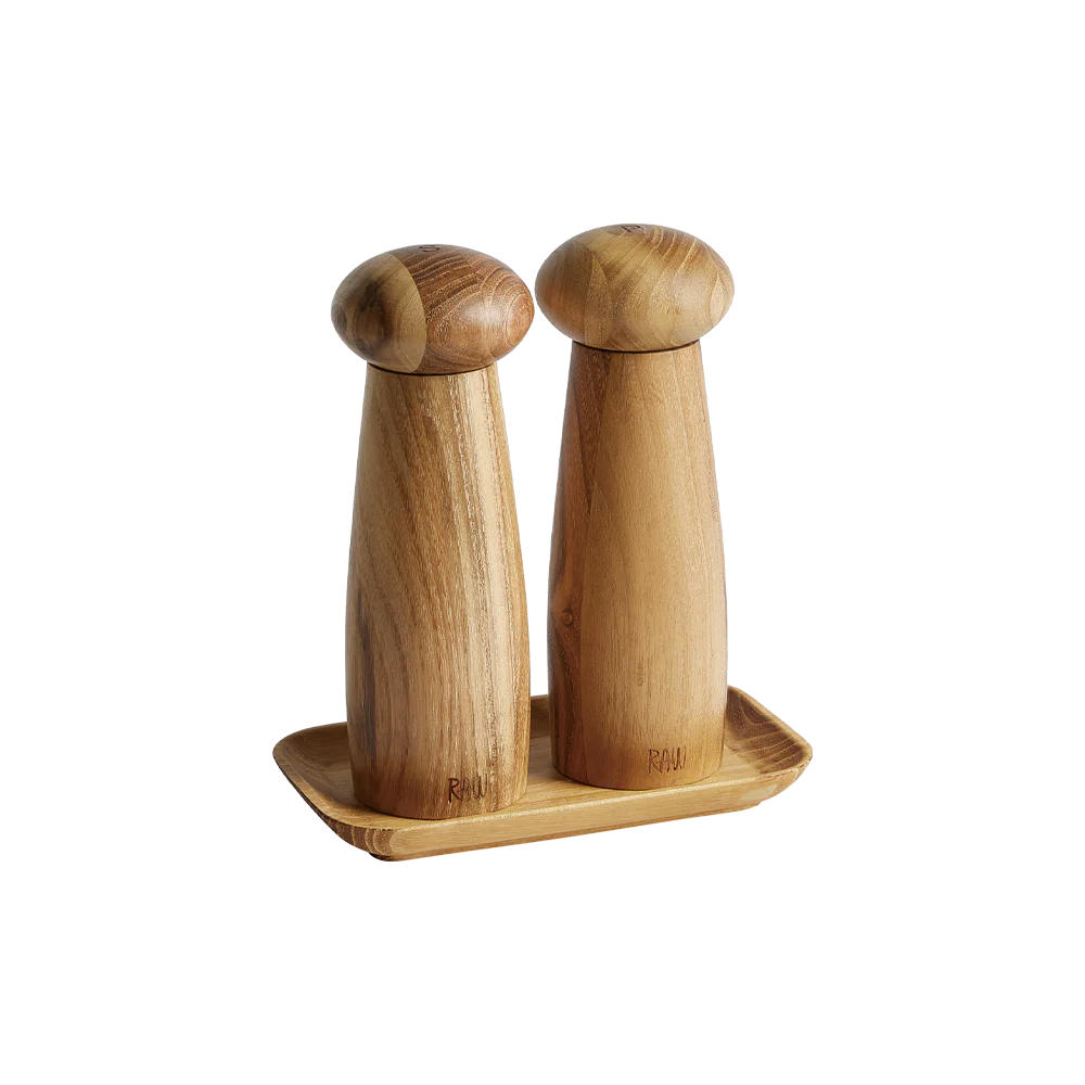 Raw kværnesæt med bakke i teaktræ