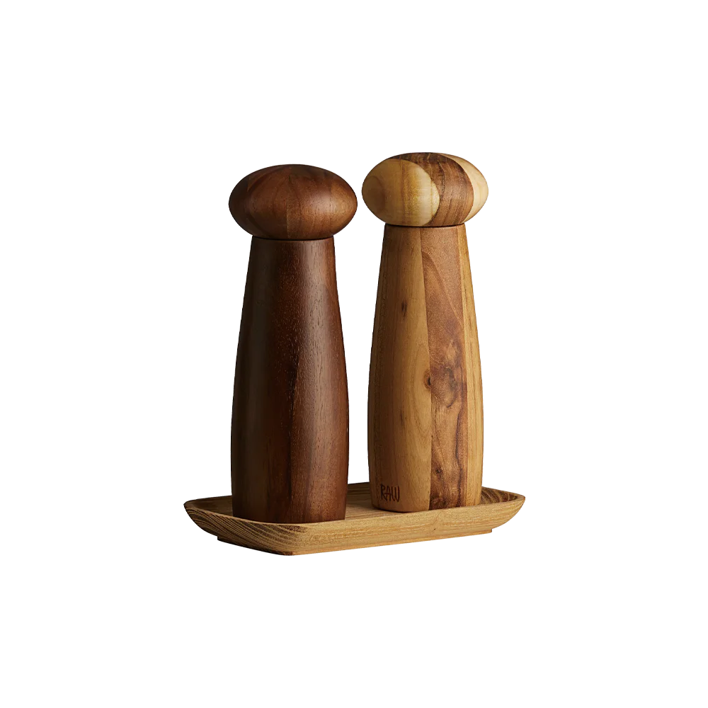 Raw kværnesæt med bakke i teak og akacie