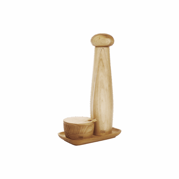 Aida RAW Teak keramisk peberkværnsæt med bakke og saltkar