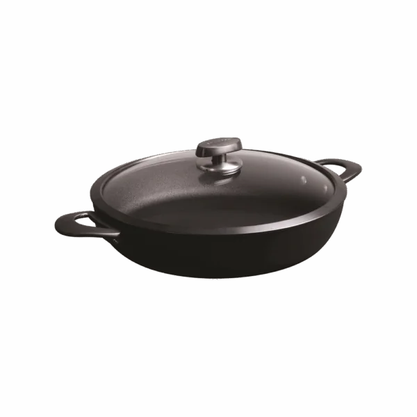 Scanpan Pro SB+ chefpande set fra siden med låg på