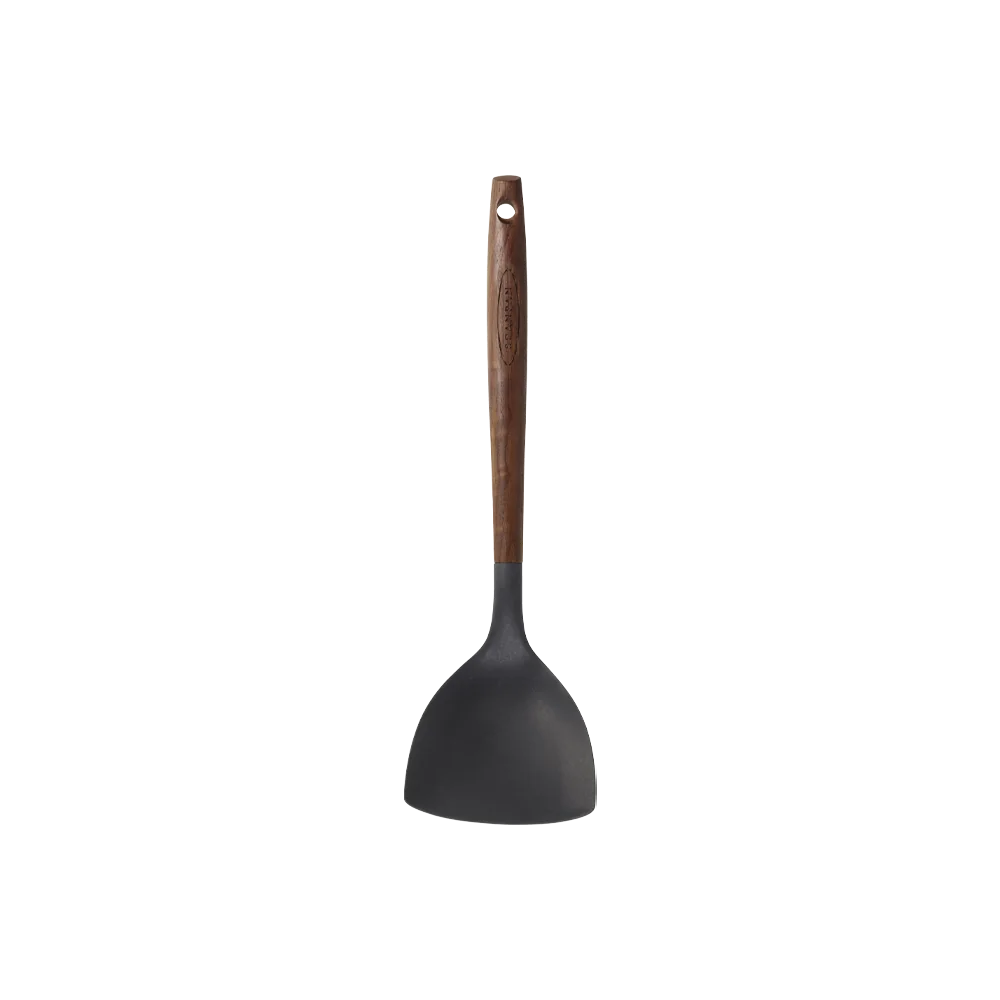 Wokspatel fra Scanpan i karboniseret ask og silikone set forfra